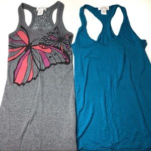Kirra Racer back tanks grey w/ butterfly, blue